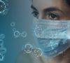 Eine Frau mit Atemmaske wird umschwirrt von stilisierten Viren